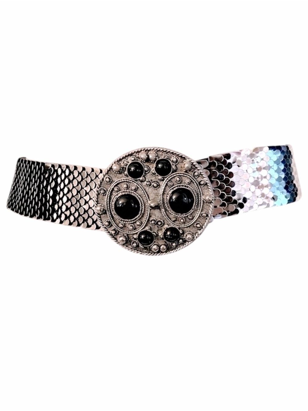 Vintage stretch statement belt silver toned metal disks ornate buckle EUC - Picture 6 of 7